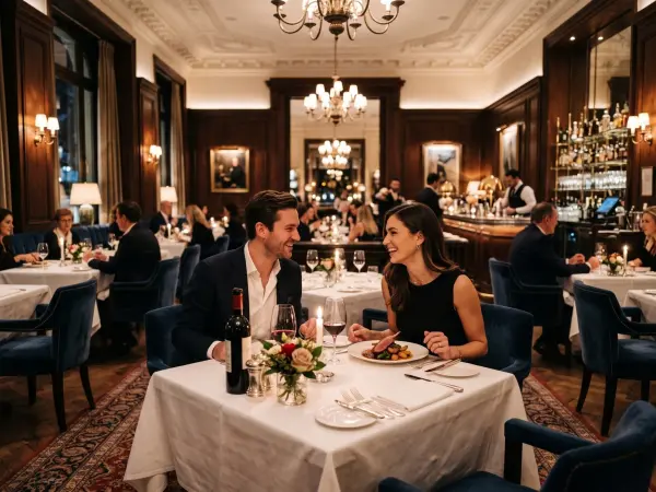 A sharply dressed man and woman sitting at a white-tablecloth table in an upscale, softly lit restaurant, smiling at each other while enjoying a gourmet dinner and glasses of red wine.