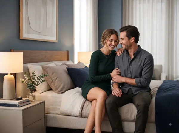 Happy couple hugging and laughing sitting on the edge of a bed in a cozy bedroom.