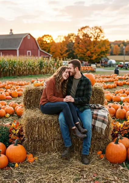A young man and woman sit happily together on stacked hay bales in a pumpkin patch. The woman laughs while looking at the man, who smiles back affectionately. They are wearing cozy fall sweaters and jeans. In the background, a rustic red barn and autumn t