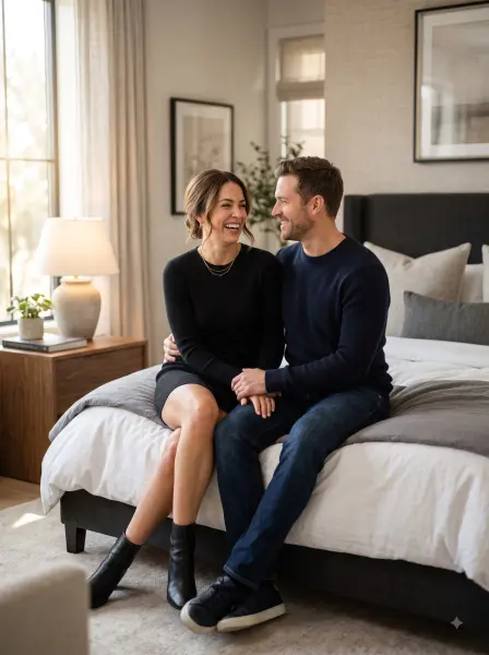 Happy couple laughing and holding hands sitting on the edge of a bed in a bright bedroom.