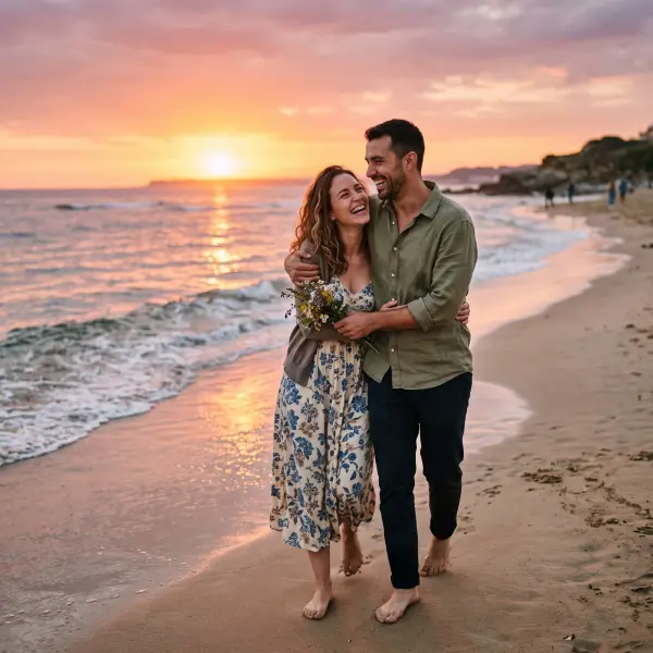 A happy young man and woman walking barefoot on a sandy beach, holding each other and laughing. The woman is wearing a floral dress and carrying wild flowers. Gentle waves roll in beside them under a brilliant orange and pink sunset sky.