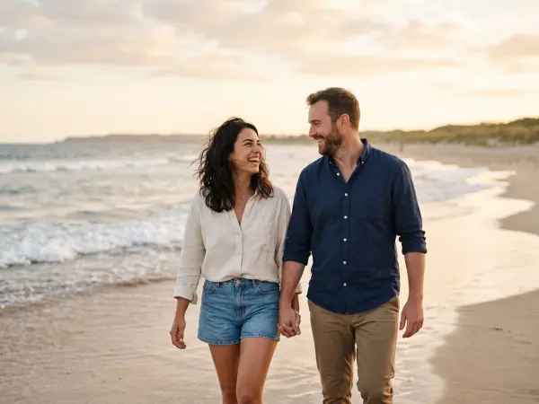 A smiling man and woman holding hands and walking towards the camera on a sandy beach, with gentle ocean waves rolling in behind them under a soft sunset sky.