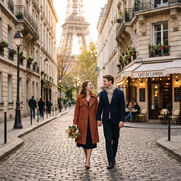A smiling couple holding hands and walking towards the camera on a cobblestone street lined with traditional Parisian buildings and a cafe, with the Eiffel Tower towering in the soft background light.