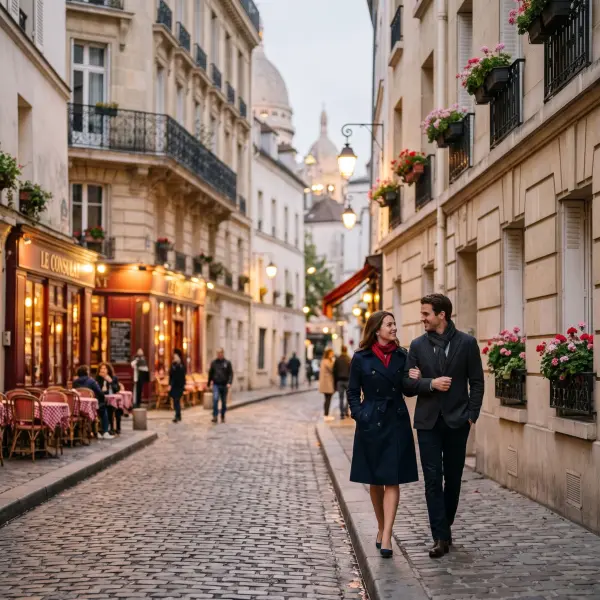 A well-dressed couple walking arm-in-arm down a sloping cobblestone street in Paris at dusk, passing red cafe awnings, with the white domes of the Sacré-Cœur basilica visible in the distance.
