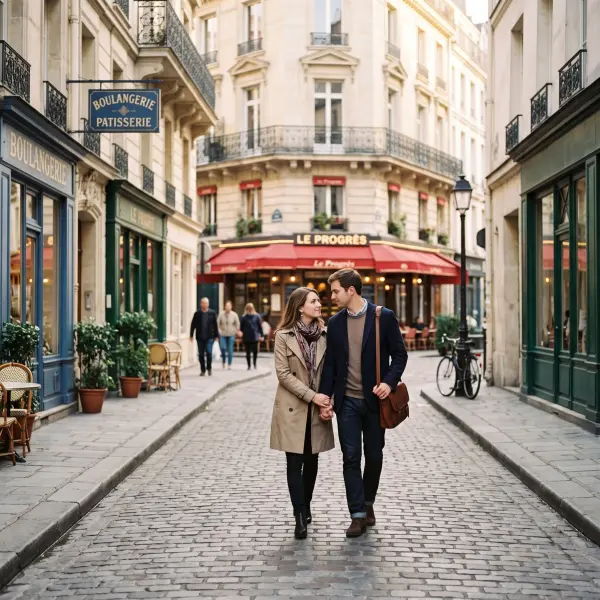 A stylishly dressed man and woman holding hands and walking towards the camera on a narrow cobblestone street in Paris, with traditional bakeries and cafes in the background.