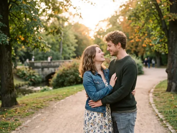 A happy young man and woman walking arm-in-arm along a dirt path in a lush green park, smiling at each other warmly, illuminated by the golden light of the setting sun.