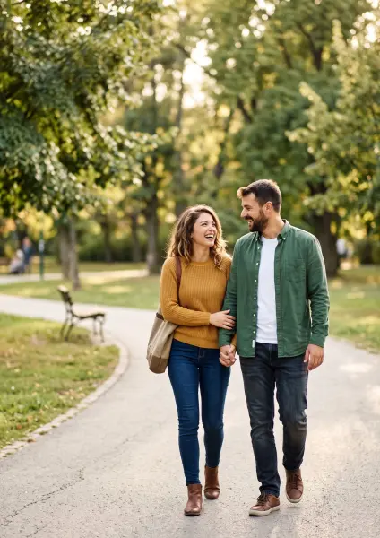 A smiling young man and woman holding hands and walking affectionately along a paved pathway in a park surrounded by large green trees.