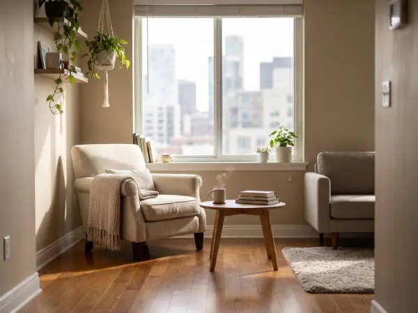 A sunlit, cozy corner in a modern apartment. A comfortable beige armchair with a throw blanket sits next to a small wooden coffee table holding a steaming mug and books. A large window provides bright natural light and a view of city skyscrapers. Several 