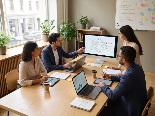 Diverse tech team sitting around a table in a modern office discussing an AI neural network diagram on a computer monitor.