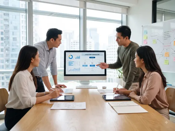 Diverse business team in a high-rise office discussing an AI solutions architecture chart displayed on a desktop monitor.