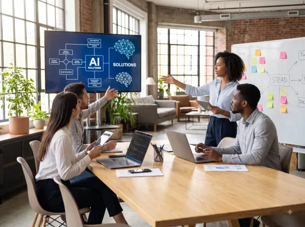 Woman presenting an AI solutions flowchart on a large screen to a diverse seated team in an industrial loft office.