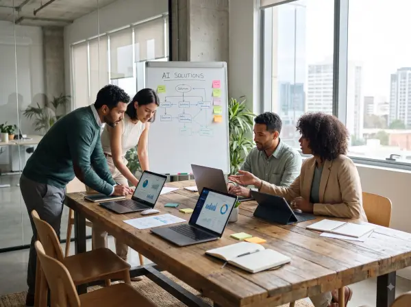 Diverse creative team in a contemporary office brainstorming AI solutions using laptops and a whiteboard flowchart.