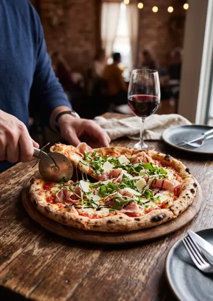 A pair of hands using a stainless steel pizza cutter to slice a wood-fired Neapolitan pizza topped with mozzarella, prosciutto, arugula, and balsamic glaze on a rustic table, with red wine in the background.