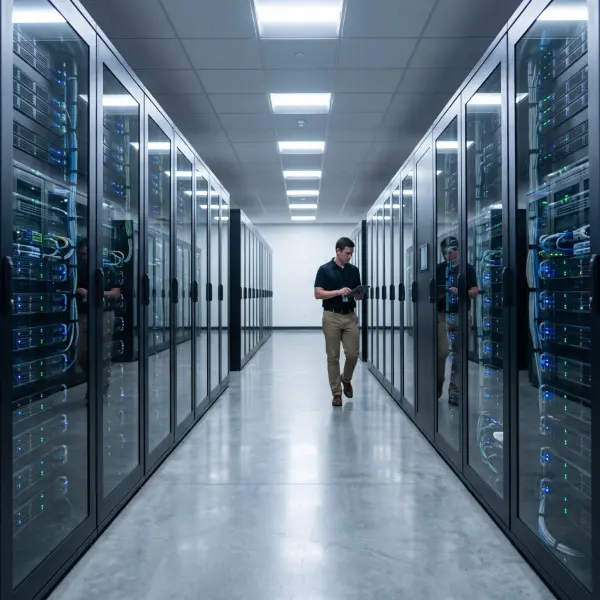 A male IT professional holding a tablet walks down a very clean, bright aisle between rows of glass-fronted server racks inside a large data center.