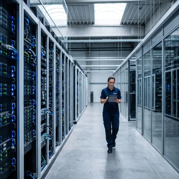 A female IT professional holding a tablet walks down a bright, wide aisle between long rows of black server racks inside a modern, clean data center facility.