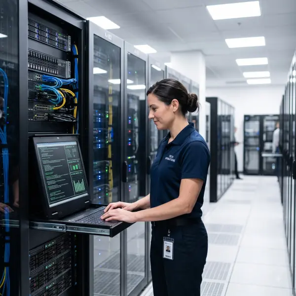 Female systems administrator typing on a server console keyboard attached to a rack in a data center.