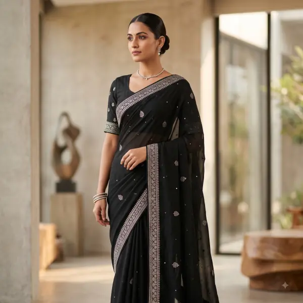 Elegant woman wearing a black designer saree with silver embroidery standing indoors.