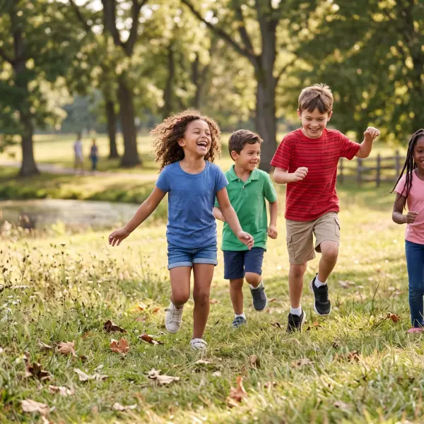 Four young, diverse children running and smiling enthusiastically across a green grassy park area on a sunny day.