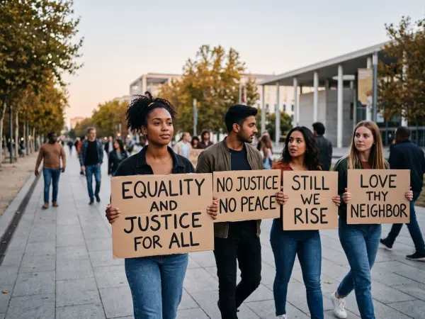 A diverse group of four young adults, including Black, South Asian, and white individuals, are walking purposefully down a wide paved city street. They are holding handwritten cardboard signs with slogans like 'EQUALITY AND JUSTICE FOR ALL',  