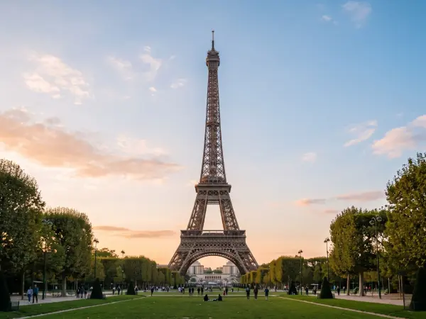 The iconic Eiffel Tower centered in the frame, surrounded by the green lawns and trees of the Champ de Mars, with a soft orange and blue sunset sky above.