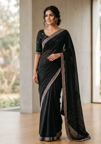 A full-length portrait of a smiling Indian woman wearing a sophisticated black saree with silver embroidery along the border, standing in a bright, modern room.