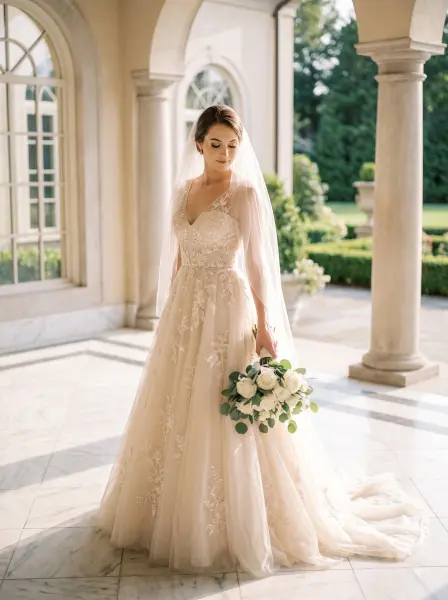 Elegant bride in champagne lace wedding gown and long veil holding white roses on a sunny marble patio.