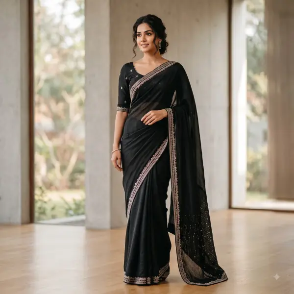 Beautiful woman wearing an elegant black silk saree standing in a sunlit modern corridor.