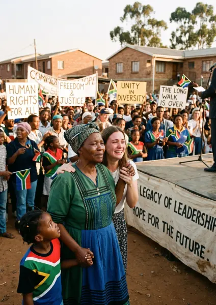 An emotional scene at an outdoor rally or protest. In the foreground, an older Black woman and a young white woman are holding hands tightly, both with tears in their eyes. Behind them is a diverse crowd holding signs like 'FREEDOM & JUSTICE'