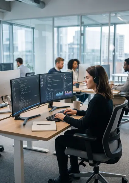 A young woman wearing a headset sitting at a wooden desk in a modern office, typing on a keyboard while looking at dual monitors displaying code and data charts.