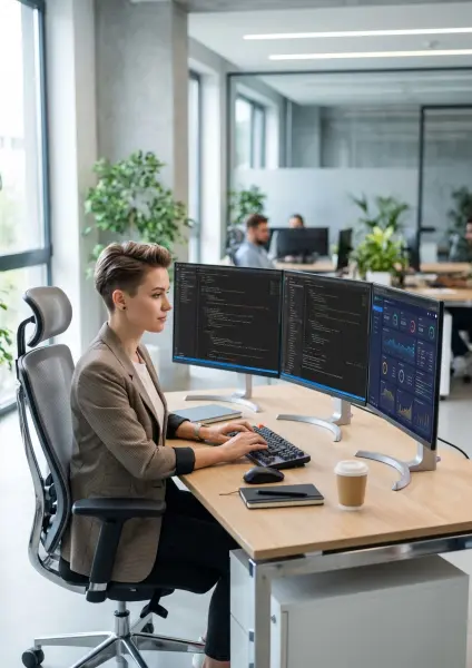 A young woman with short hair sitting at a wooden desk in a bright office, typing on a keyboard while looking at three computer monitors displaying code and colorful data charts.