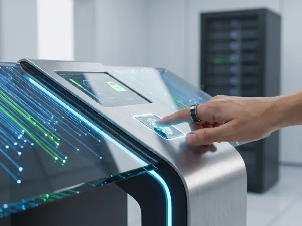 A close-up of a person's hand wearing a smart ring, pressing their index finger onto a glowing blue fingerprint scanner integrated into a sleek, metallic security terminal. The screen displays digital data and a green lock icon. A dark server rack is