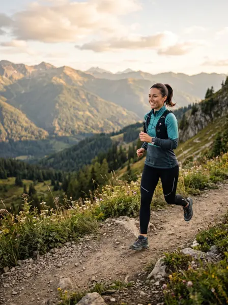 Smiling woman wearing a hydration vest running on a dirt mountain trail with peaks in the background.