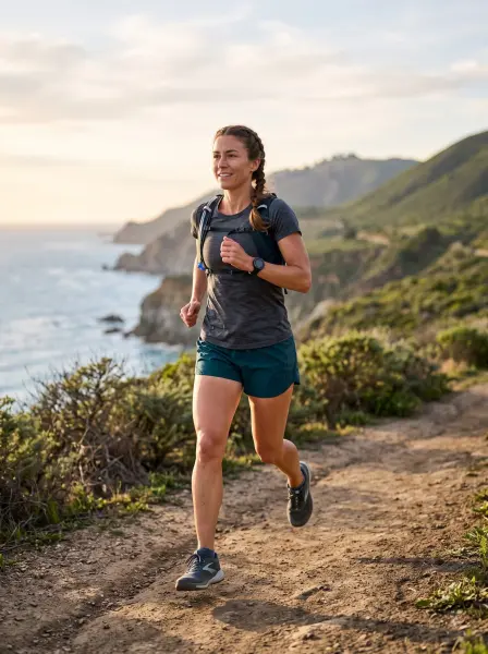Athletic woman trail running on a coastal dirt path with the ocean and cliffs in the background.