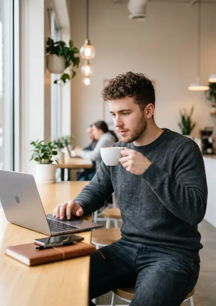 A serious young man with curly hair sitting at a cafe window counter, looking at his laptop screen while taking a sip from a white coffee mug.
