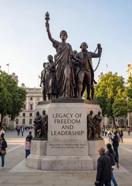 A large bronze monument titled 'LEGACY OF FREEDOM AND LEADERSHIP' featuring multiple figures, including a central woman holding a torch. People are walking around the base of the statue in a paved public square surrounded by trees and buildings.