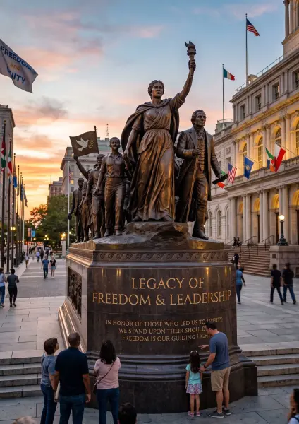 A large bronze monument titled 'LEGACY OF FREEDOM & LEADERSHIP' featuring several figures, including a woman holding a torch. Families and tourists stand around the base, viewing the statue against a vibrant orange and purple sunset sky.