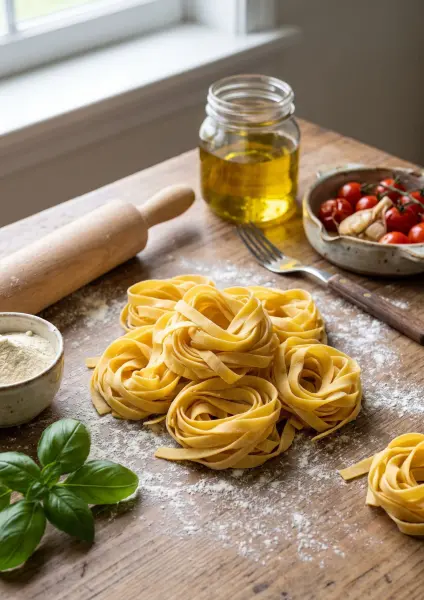 A close-up of several nests of fresh, handmade fettuccine pasta resting on a rustic wooden table dusted with flour. Surrounding the pasta are ingredients for cooking: a sprig of fresh basil, a small bowl of flour, a jar of olive oil, a wooden rolling pin,