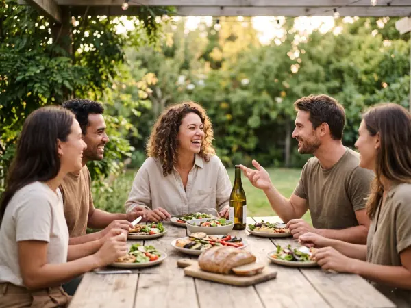 A joyful group of five diverse friends are sitting around a large rustic wooden table outdoors in a green garden. They are laughing, talking, and enjoying a summer dinner party with plates of healthy food, salad, and a bottle of white wine.