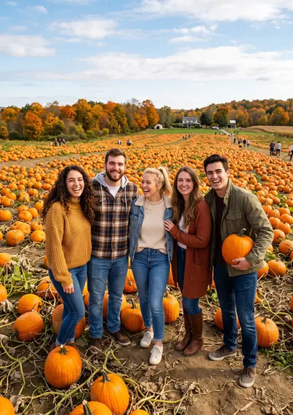 A group of five young adult friends—three women and two men—stand together in a large, sunny pumpkin patch, smiling and laughing at the camera. They are wearing casual autumn clothing like sweaters and jackets. In the background, rolling fields of pumpkin