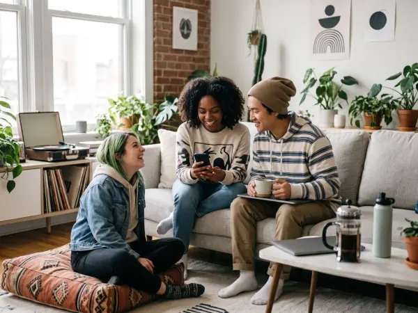 Three diverse young adults sitting casually in a bright living room filled with houseplants, laughing joyfully while looking together at a smartphone.