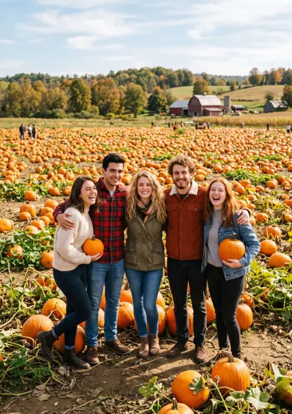 A group of five young friends stand together in a vibrant pumpkin patch, each holding small orange pumpkins and laughing joyfully. They are dressed in cozy autumn layers like sweaters and flannel shirts. A rustic red barn and rolling green hills complete 