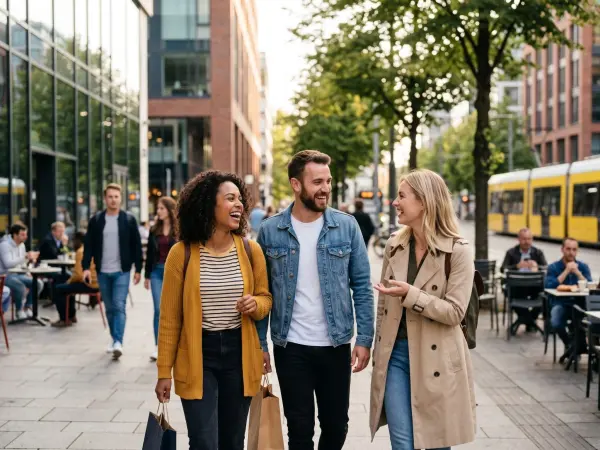 A full-length photo of three diverse young adult friends, two women and one man, walking towards the camera on a paved city sidewalk. They are laughing joyfully and carrying paper shopping bags. In the background are modern glass buildings and a yellow tr