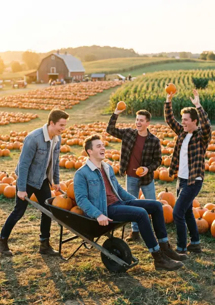 Four young men are having a great time in a sunny pumpkin patch. One man is sitting inside a black wheelbarrow surrounded by pumpkins, laughing loudly. His friend is pushing the wheelbarrow, while the other two friends walk alongside cheering and holding 