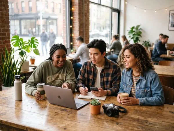 Three diverse young adults sitting closely at a wooden cafe table, smiling and looking together at a silver laptop screen, with coffee cups and a camera nearby.