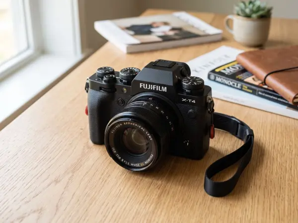 A close-up shot of a black Fujifilm X-T4 mirrorless digital camera with a prime lens and black strap attached. The camera sits on a light wooden desk. The background is softly blurred, showing a window, a magazine, and a small potted plant.