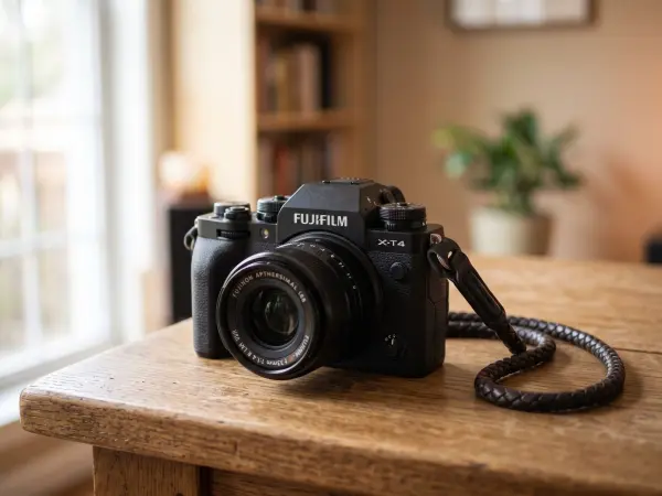A close-up shot of a black Fujifilm X-T4 mirrorless digital camera with a prime lens attached. A stylish braided brown leather strap is connected to the camera. It is sitting on a rustic wooden desk. The background is softly blurred, showing a window and 