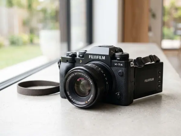 A close-up shot of a black Fujifilm X-T4 mirrorless digital camera with a prime lens attached, sitting on a light stone window sill. The camera's rear LCD screen is flipped open and facing outward. Bright natural light comes from the large window beh