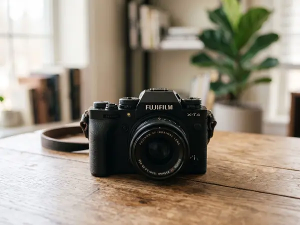 A close-up, slightly high-angle shot of a black Fujifilm X-T4 mirrorless digital camera with a prime lens attached. A brown leather strap is partially visible next to it. The camera sits on a smooth, light wooden table. The background features a bright, s