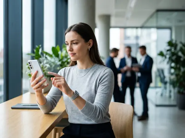 A professional young woman sits at a wooden counter in a modern, bright office building. She is holding a smartphone which projects a transparent, glowing holographic screen that she is interacting with. In the blurred background, a team of businessmen ar