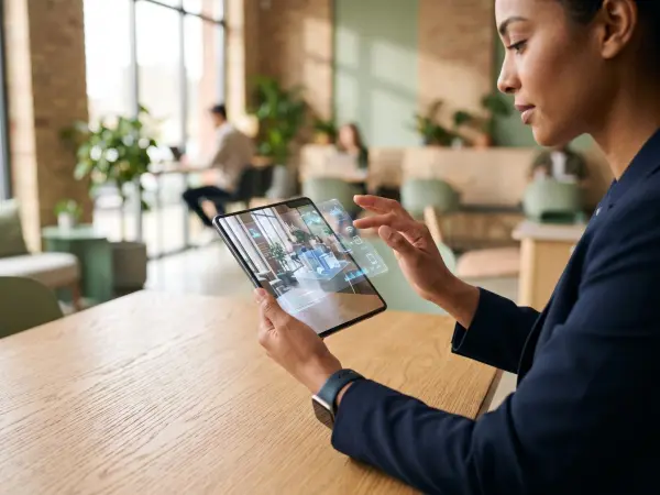 A professional young woman sits at a wooden table in a modern, bright cafe or coworking space. She is holding a tablet which projects a transparent, glowing 3D holographic model of an interior room layout that she is interacting with. Other people are wor